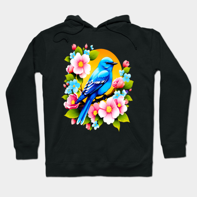 Cute Blue Bird Surrounded by Bold Vibrant Spring Flowers Hoodie by BirdsnStuff
