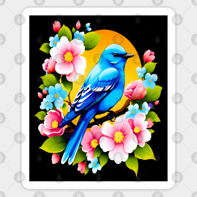 Cute Blue Bird Surrounded by Bold Vibrant Spring Flowers Sticker by BirdsnStuff