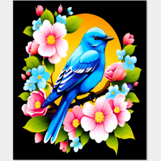 Cute Blue Bird Surrounded by Bold Vibrant Spring Flowers Posters and Art