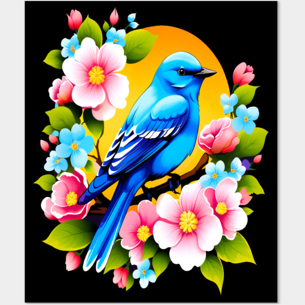 Cute Blue Bird Surrounded by Bold Vibrant Spring Flowers Wall Art by BirdsnStuff