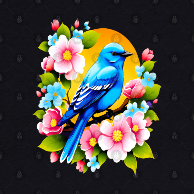 Cute Blue Bird Surrounded by Bold Vibrant Spring Flowers by BirdsnStuff