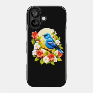 Cute Blue Bird Surrounded by Bold Vibrant Spring Flowers Phone Case