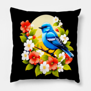 Cute Blue Bird Surrounded by Bold Vibrant Spring Flowers Pillow