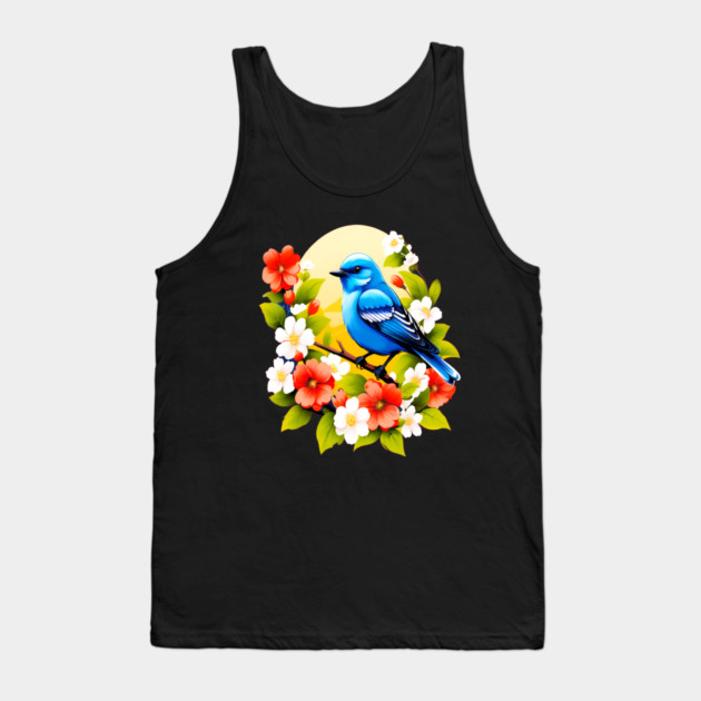 Cute Blue Bird Surrounded by Bold Vibrant Spring Flowers Tank Top by BirdsnStuff