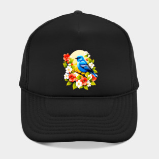 Cute Blue Bird Surrounded by Bold Vibrant Spring Flowers Hat