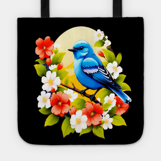 Cute Blue Bird Surrounded by Bold Vibrant Spring Flowers Tote by BirdsnStuff