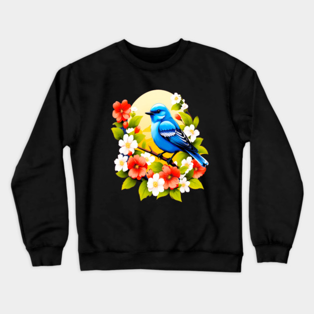 Cute Blue Bird Surrounded by Bold Vibrant Spring Flowers Crewneck Sweatshirt by BirdsnStuff