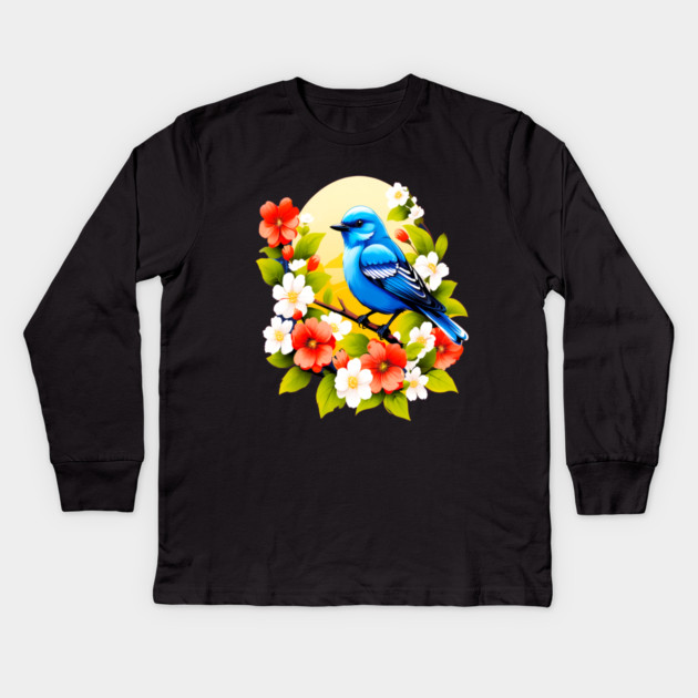 Cute Blue Bird Surrounded by Bold Vibrant Spring Flowers Kids Long Sleeve T-Shirt by BirdsnStuff