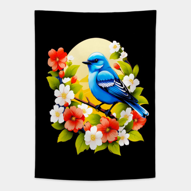 Cute Blue Bird Surrounded by Bold Vibrant Spring Flowers Tapestry by BirdsnStuff