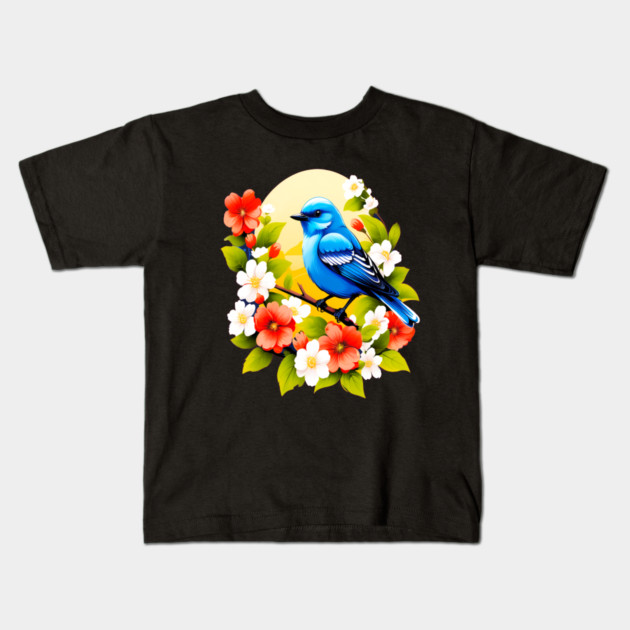 Cute Blue Bird Surrounded by Bold Vibrant Spring Flowers Kids T-Shirt by BirdsnStuff