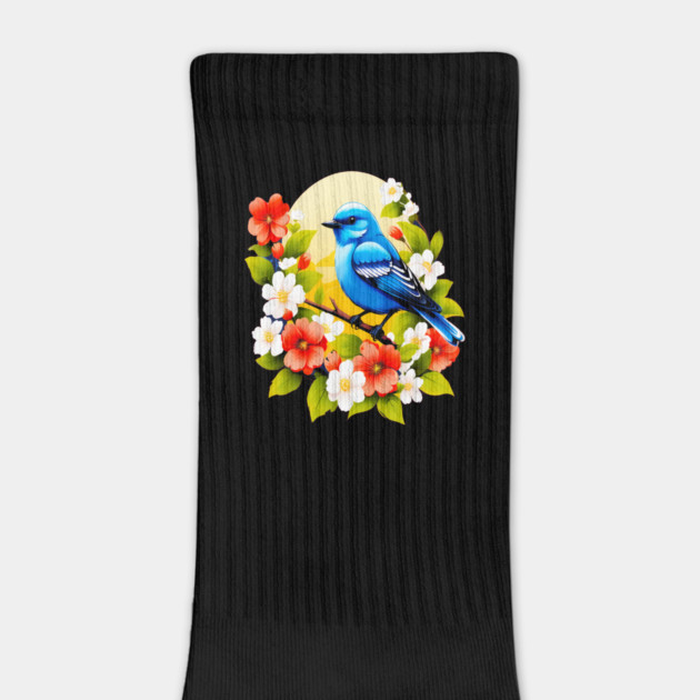 Cute Blue Bird Surrounded by Bold Vibrant Spring Flowers by BirdsnStuff