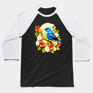 Cute Blue Bird Surrounded by Bold Vibrant Spring Flowers Baseball T-Shirt