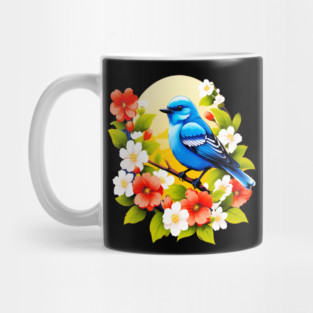 Cute Blue Bird Surrounded by Bold Vibrant Spring Flowers Mug