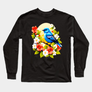 Cute Blue Bird Surrounded by Bold Vibrant Spring Flowers Long Sleeve T-Shirt