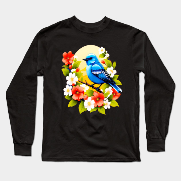 Cute Blue Bird Surrounded by Bold Vibrant Spring Flowers Long Sleeve T-Shirt by BirdsnStuff