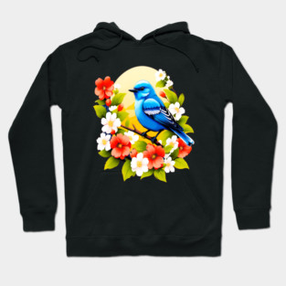 Cute Blue Bird Surrounded by Bold Vibrant Spring Flowers Hoodie