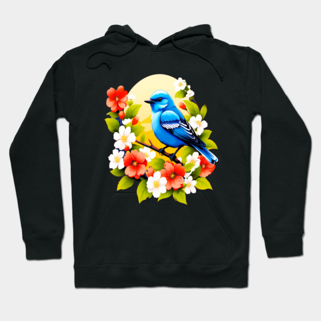 Cute Blue Bird Surrounded by Bold Vibrant Spring Flowers Hoodie by BirdsnStuff