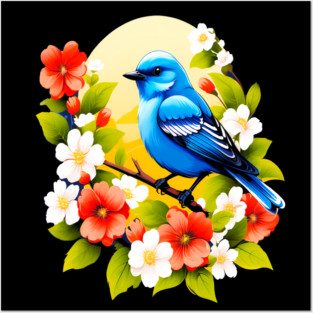 Cute Blue Bird Surrounded by Bold Vibrant Spring Flowers Posters and Art