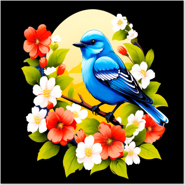 Cute Blue Bird Surrounded by Bold Vibrant Spring Flowers Wall Art by BirdsnStuff