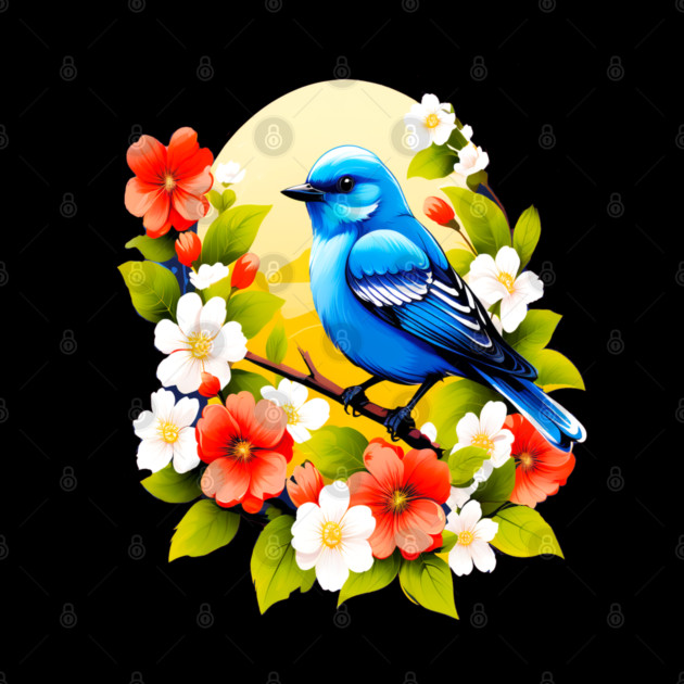 Cute Blue Bird Surrounded by Bold Vibrant Spring Flowers by BirdsnStuff