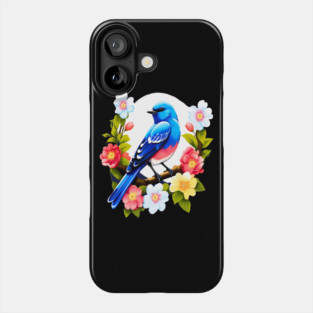 Cute Blue Bird Surrounded by Bold Vibrant Spring Flowers Phone Case