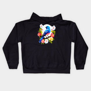 Cute Blue Bird Surrounded by Bold Vibrant Spring Flowers Kids Hoodie