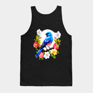Cute Blue Bird Surrounded by Bold Vibrant Spring Flowers Tank Top