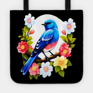 Cute Blue Bird Surrounded by Bold Vibrant Spring Flowers Tote