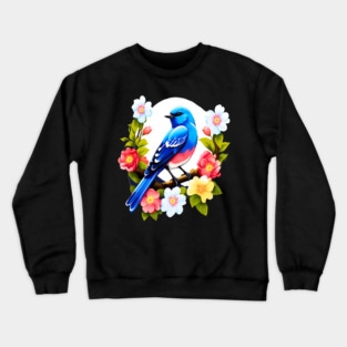 Cute Blue Bird Surrounded by Bold Vibrant Spring Flowers Crewneck Sweatshirt