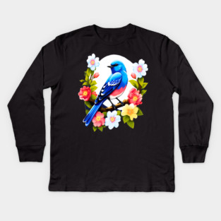 Cute Blue Bird Surrounded by Bold Vibrant Spring Flowers Kids Long Sleeve T-Shirt