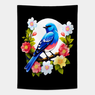 Cute Blue Bird Surrounded by Bold Vibrant Spring Flowers Tapestry