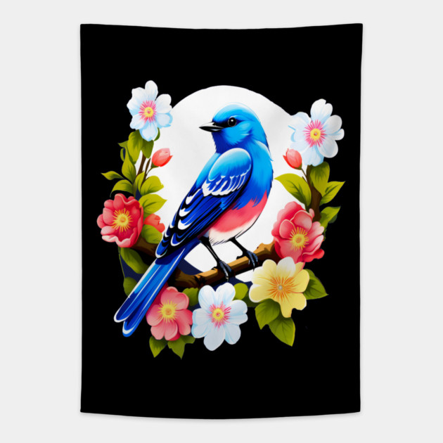 Cute Blue Bird Surrounded by Bold Vibrant Spring Flowers Tapestry by BirdsnStuff