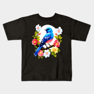 Cute Blue Bird Surrounded by Bold Vibrant Spring Flowers Kids T-Shirt
