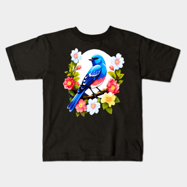 Cute Blue Bird Surrounded by Bold Vibrant Spring Flowers Kids T-Shirt by BirdsnStuff