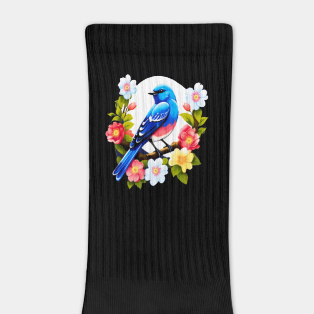 Cute Blue Bird Surrounded by Bold Vibrant Spring Flowers by BirdsnStuff