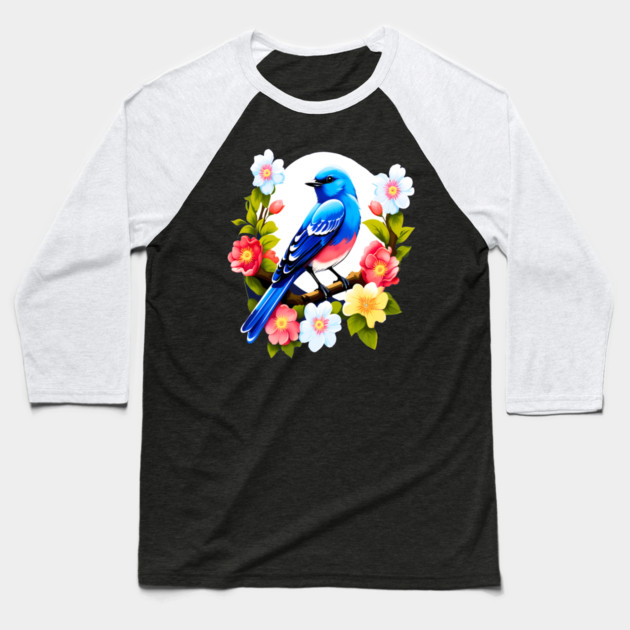 Cute Blue Bird Surrounded by Bold Vibrant Spring Flowers Baseball T-Shirt by BirdsnStuff