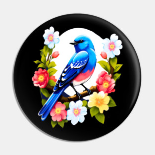 Cute Blue Bird Surrounded by Bold Vibrant Spring Flowers Pin