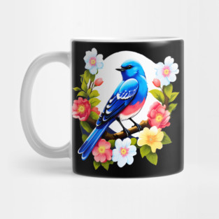 Cute Blue Bird Surrounded by Bold Vibrant Spring Flowers Mug