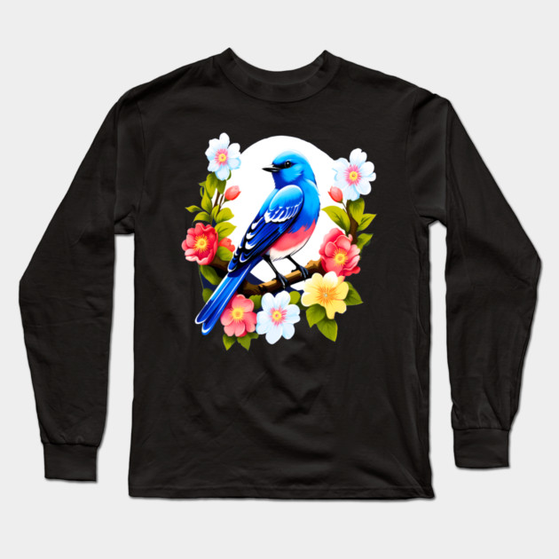 Cute Blue Bird Surrounded by Bold Vibrant Spring Flowers Long Sleeve T-Shirt by BirdsnStuff