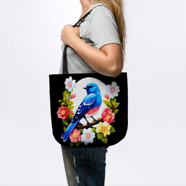 Cute Blue Bird Surrounded by Bold Vibrant Spring Flowers by BirdsnStuff