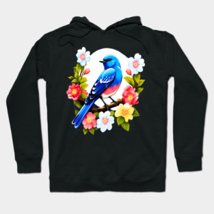 Cute Blue Bird Surrounded by Bold Vibrant Spring Flowers Hoodie