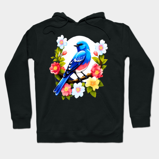 Cute Blue Bird Surrounded by Bold Vibrant Spring Flowers Hoodie by BirdsnStuff