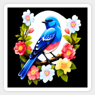 Cute Blue Bird Surrounded by Bold Vibrant Spring Flowers Magnet