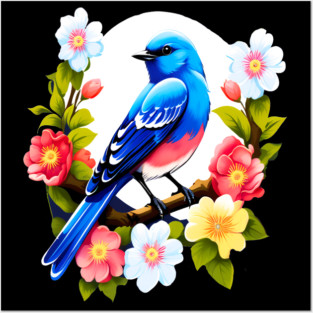 Cute Blue Bird Surrounded by Bold Vibrant Spring Flowers Posters and Art