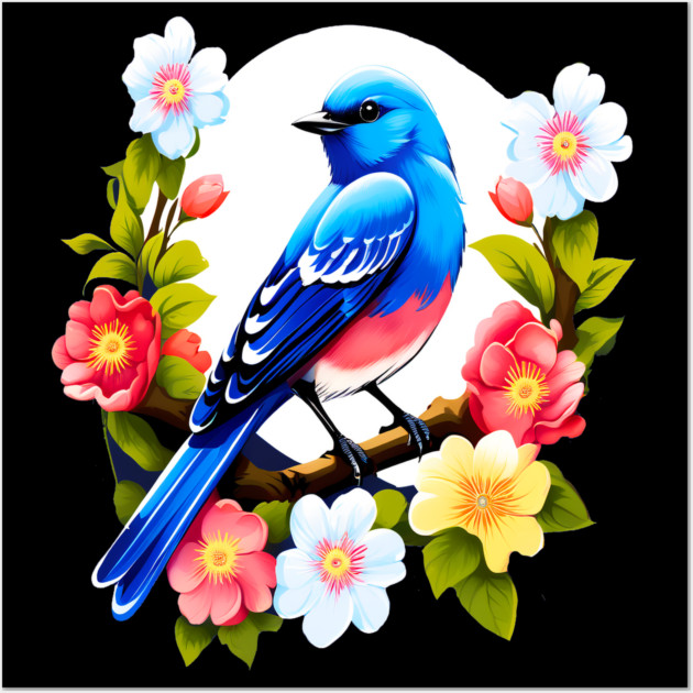Cute Blue Bird Surrounded by Bold Vibrant Spring Flowers Wall Art by BirdsnStuff