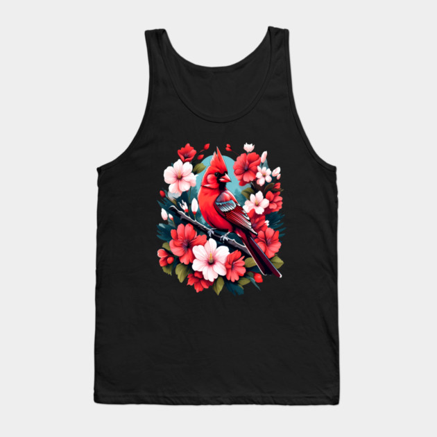 Cute Northern Cardinal Surrounded by Vibrant Spring Flowers Tank Top by BirdsnStuff