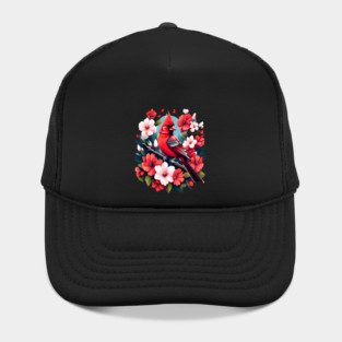 Cute Northern Cardinal Surrounded by Vibrant Spring Flowers Hat