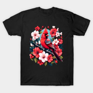 Cute Northern Cardinal Surrounded by Vibrant Spring Flowers T-Shirt