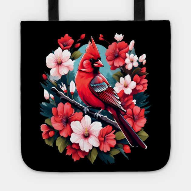 Cute Northern Cardinal Surrounded by Vibrant Spring Flowers Tote by BirdsnStuff