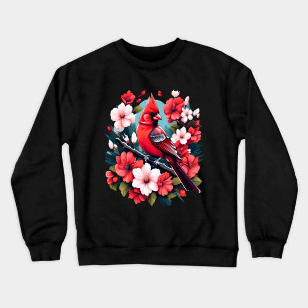 Cute Northern Cardinal Surrounded by Vibrant Spring Flowers Crewneck Sweatshirt by BirdsnStuff
